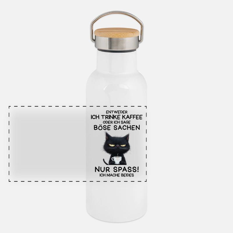 Kaffee in der Pfote, Hass im Blick – Katze pur Panorama Thermosflasche mit Bambusdeckel
