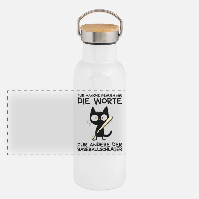 Lustige schwarze Katze mit Baseballschläger Panorama Thermosflasche mit Bambusdeckel