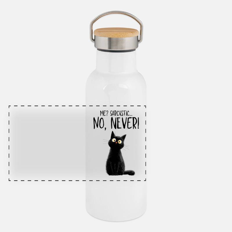 Me sarcastic? Never! - Schwarze Katze mit Humor Panorama Thermosflasche mit Bambusdeckel