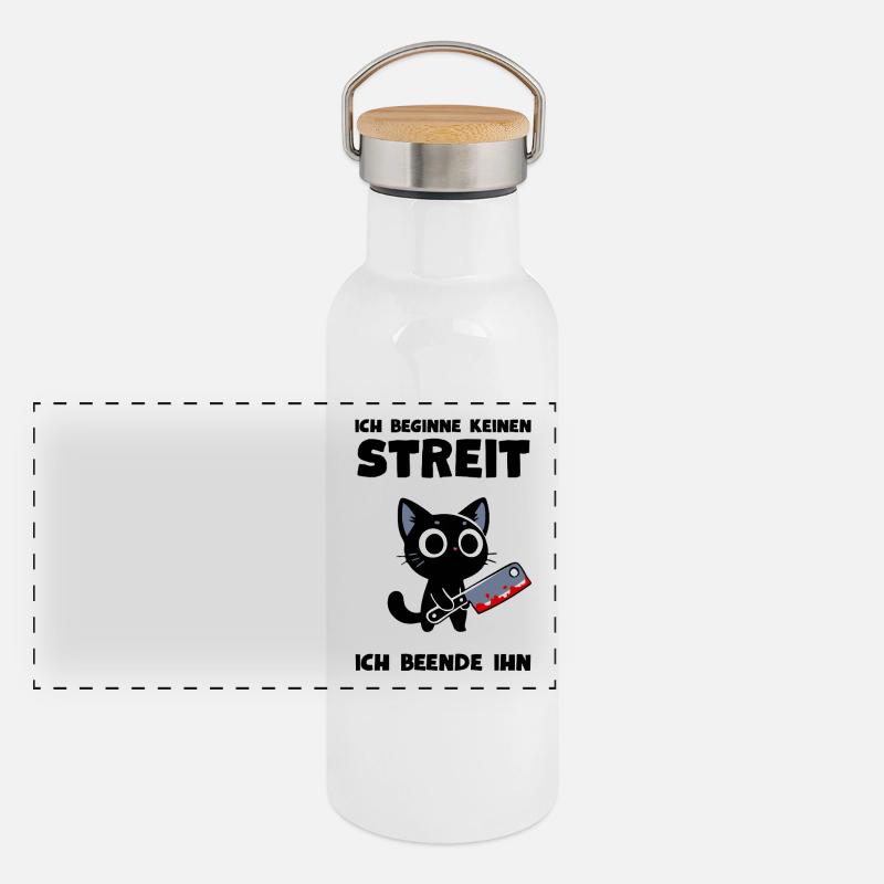 Katze mit Messer – Ich beende jeden Streit Panorama Thermosflasche mit Bambusdeckel