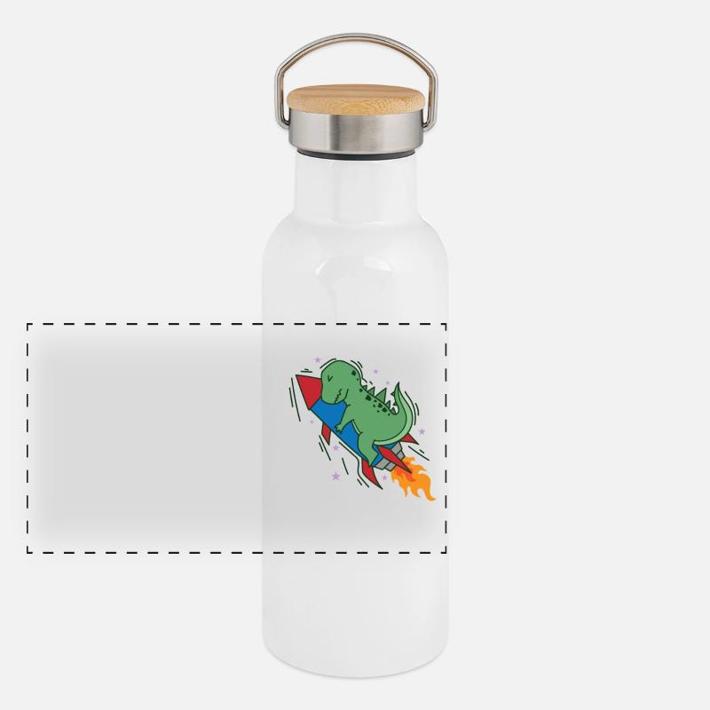 Dino auf einer Rakete Dinosaurier Reptil Panorama Thermosflasche mit Bambusdeckel