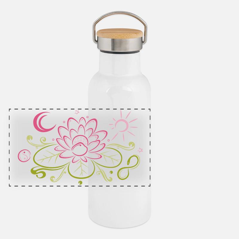Lotus avec lune, Yin Yang et soleil, infinity Gourde isotherme avec bouchon en bambou