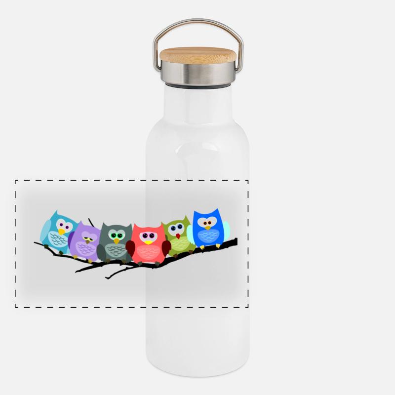 Cooles buntes Eulen Motiv Panorama Thermosflasche mit Bambusdeckel