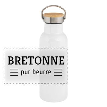 Bretagne / Breton / Bretonne / BZH / Breizh - Gourde isotherme avec bouchon en bambou - blanc - Devant