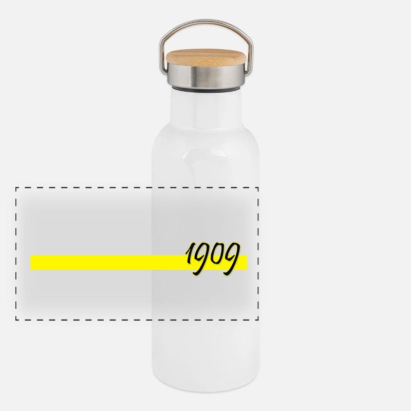 1909 mit gelbem Balken Panorama Thermosflasche mit Bambusdeckel