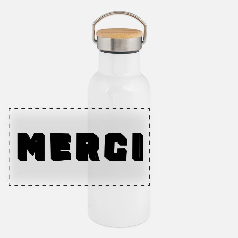 MERCI. ANNIVERSAIRE. NAISSANCE. RETRAITE. MERCI Gourde isotherme avec bouchon en bambou