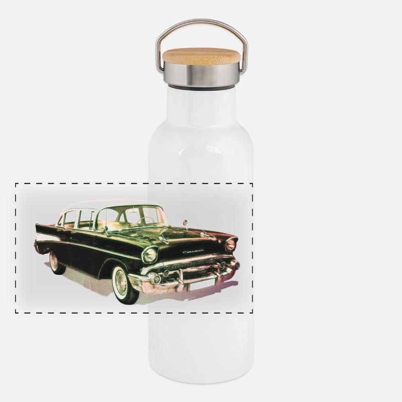 Oldtimer Panorama Thermosflasche mit Bambusdeckel