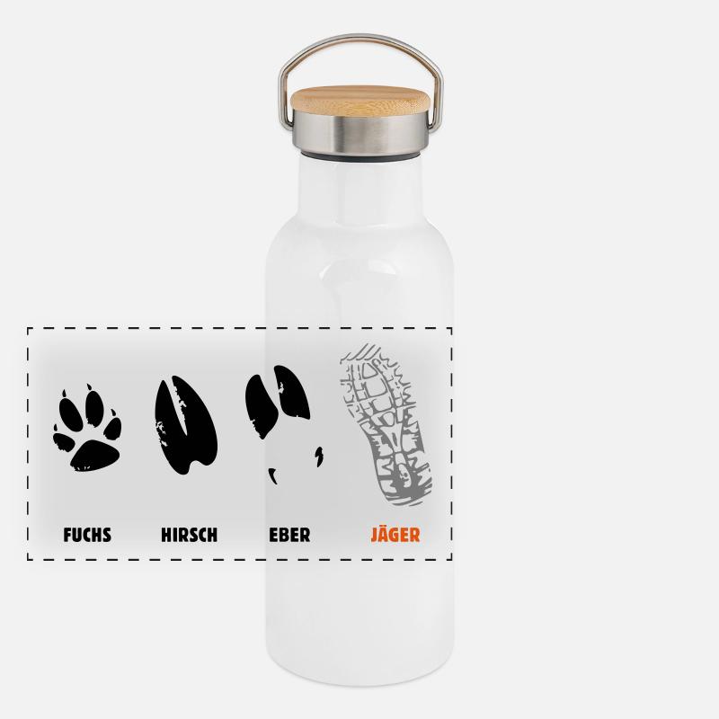 Fuchs, Reh, Eber, Jäger, Trittsiegel, Fährte Panorama Thermosflasche mit Bambusdeckel