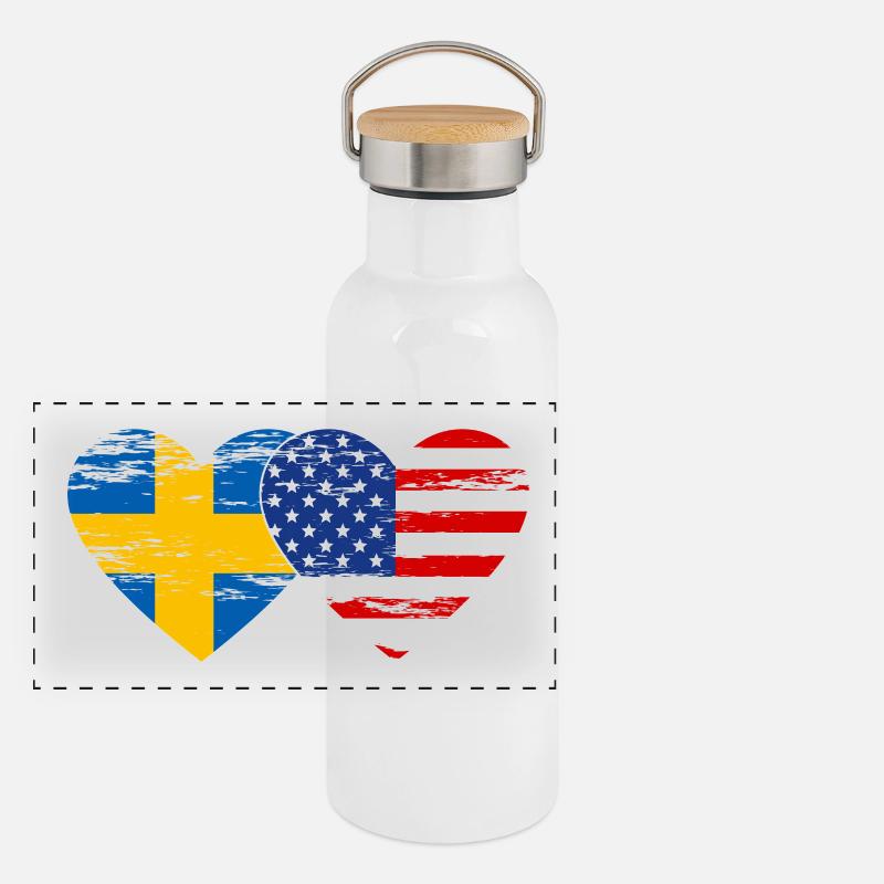Suède USA Drapeau Coeur Utilisé Gourde isotherme avec bouchon en bambou