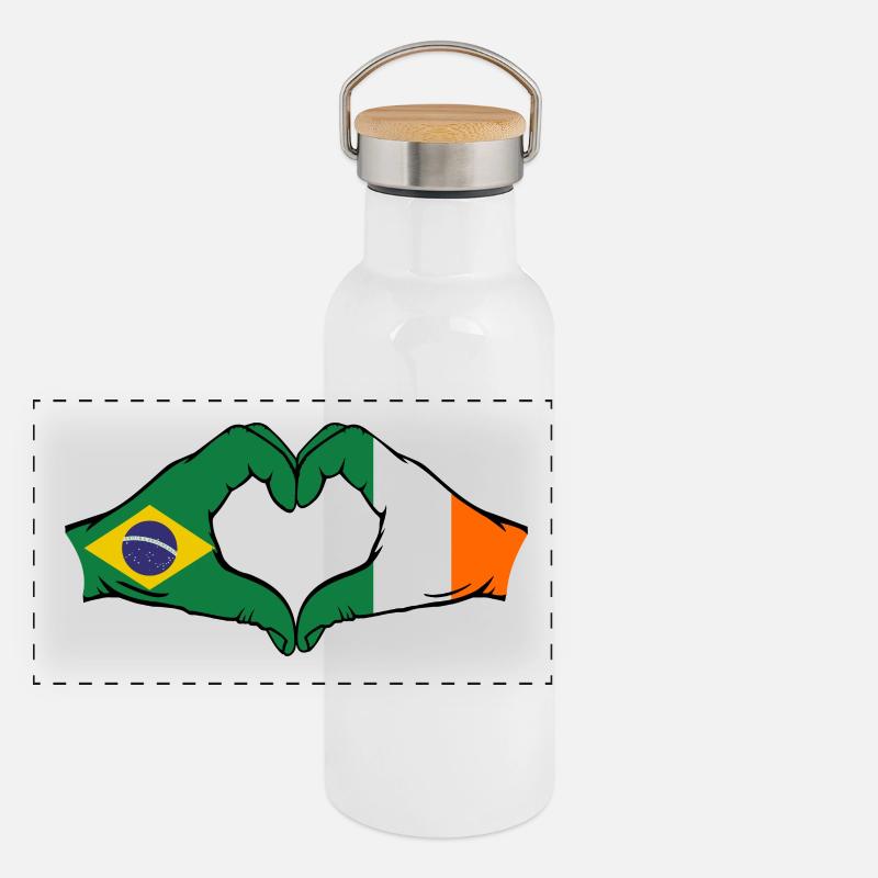 Brésil Irlande drapeau mains forme de coeur Gourde isotherme avec bouchon en bambou
