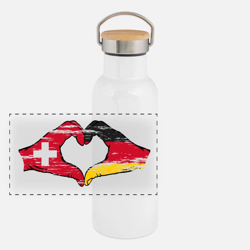 Suisse Allemagne Drapeau Mains Coeur Forme utilisé Gourde isotherme avec bouchon en bambou