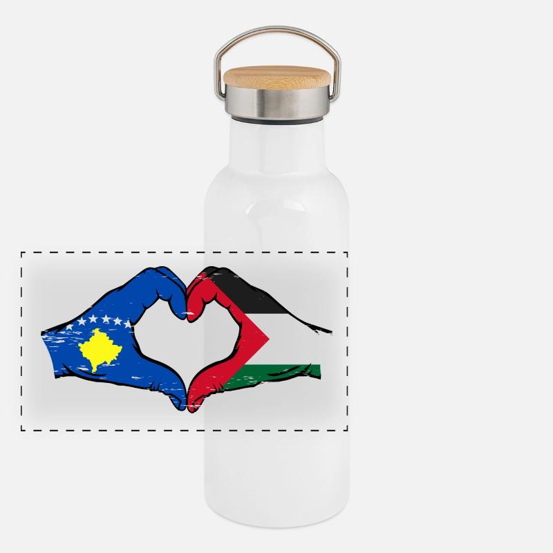 Kosovo Palestine Drapeau Mains Coeur Forme Utilisé Gourde isotherme avec bouchon en bambou