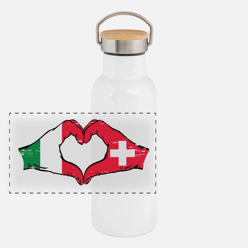 Italie Suisse Drapeau Mains Coeur Forme Utilisé Gourde isotherme avec bouchon en bambou