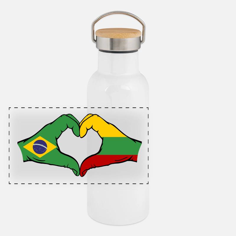 Brésil Lituanie Drapeau Mains Coeur Forme Gourde isotherme avec bouchon en bambou
