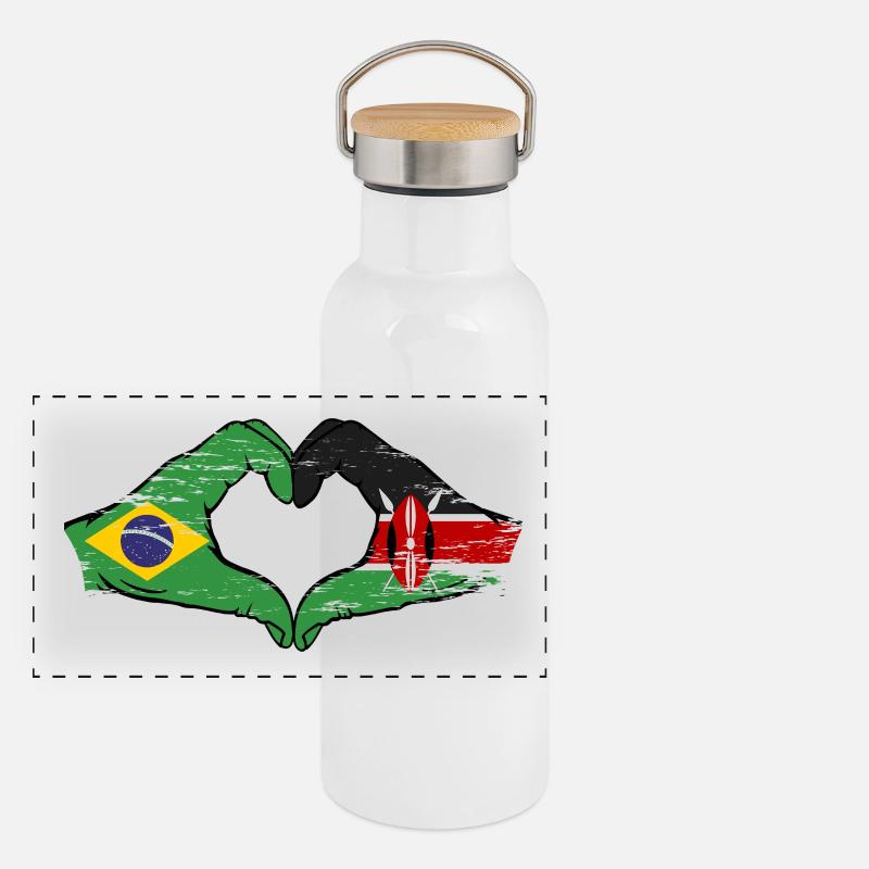 Brésil Kenya drapeau mains forme de cœur utilisé Gourde isotherme avec bouchon en bambou