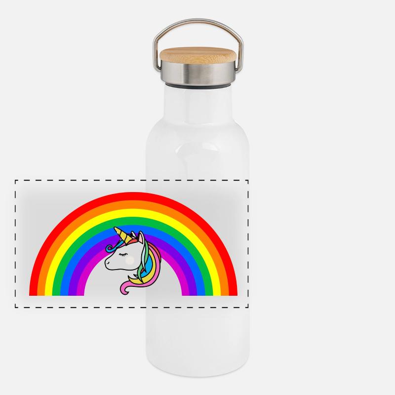 Regenbogen Einhorn Panorama Thermosflasche mit Bambusdeckel