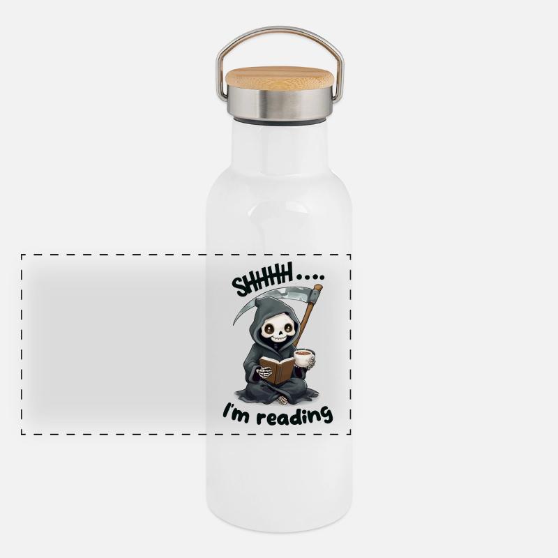 Sensenmann liest ein Buch mit Kaffee Panorama Thermosflasche mit Bambusdeckel