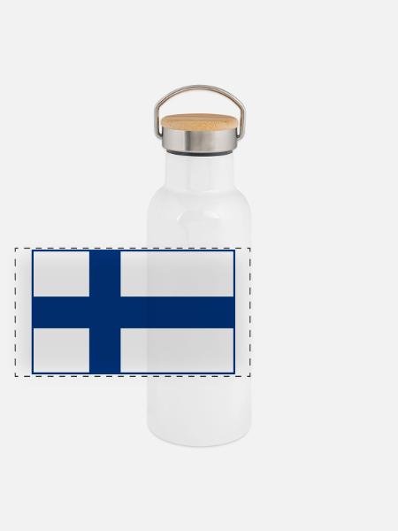 Finnland Flagge - Panorama Thermosflasche mit Bambusdeckel - Weiß