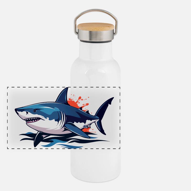 Requin bleu des profondeurs avec éclaboussures rouges Requin blanc Gourde isotherme avec bouchon en bambou
