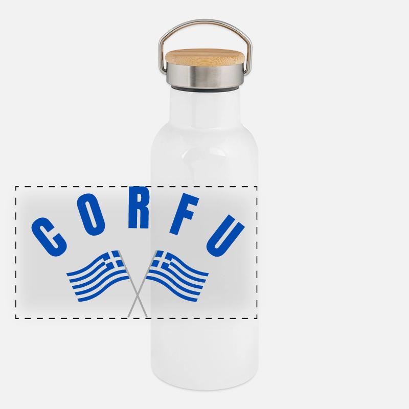 Corfou avec drapeaux grecs croisés Gourde isotherme avec bouchon en bambou