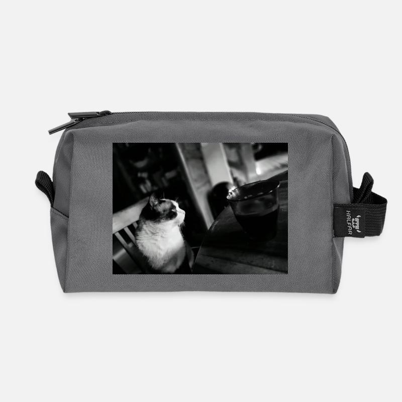 Black Cat and Coffee Mug - Recycled Toiletry Zip Bag - anthracite