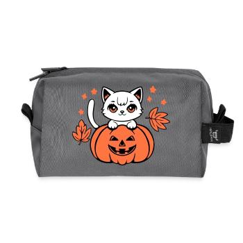 Herbst Katze Weiß Kürbis Ahorn Blatt Süß Halloween - Recycelte Kulturtasche - Anthrazit - Vorne