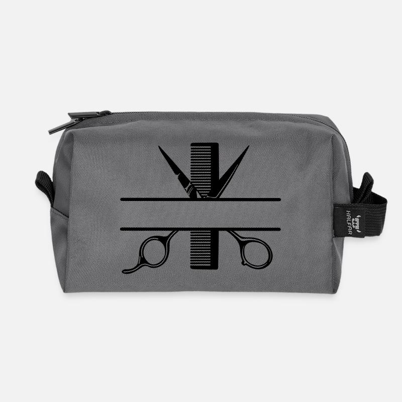 Textbanner Logo Friseur, Schere mit Kamm - Recycelte Kulturtasche - Anthrazit
