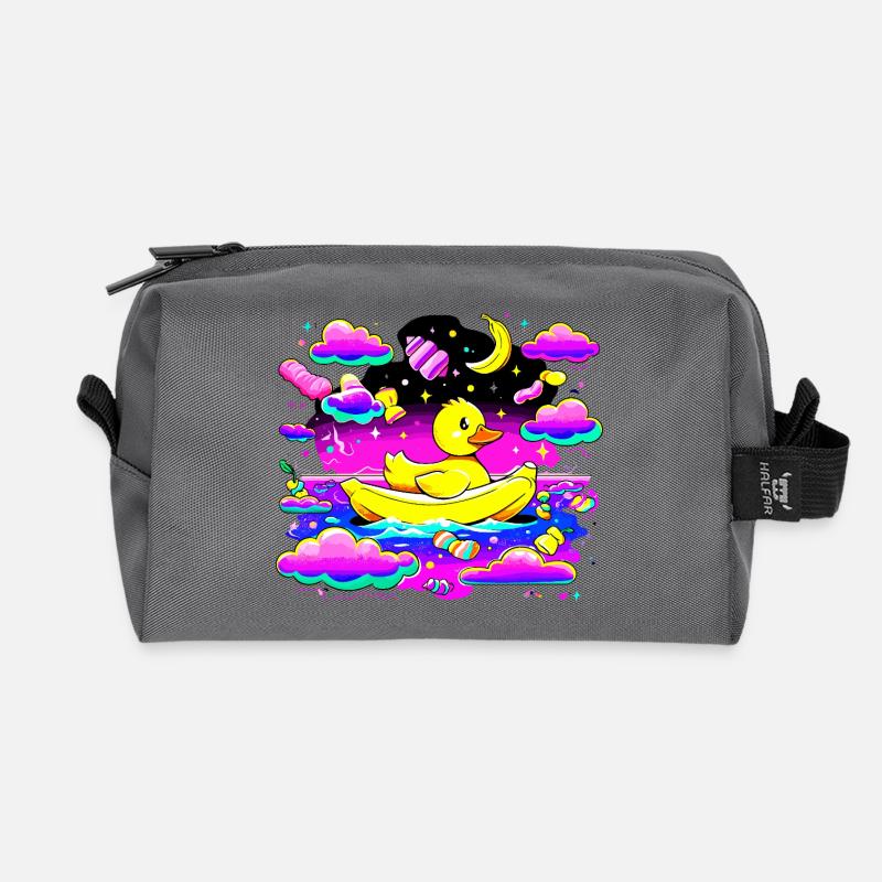Bunte Quietscheente im Regenbogenboot - Recycelte Kulturtasche - Anthrazit
