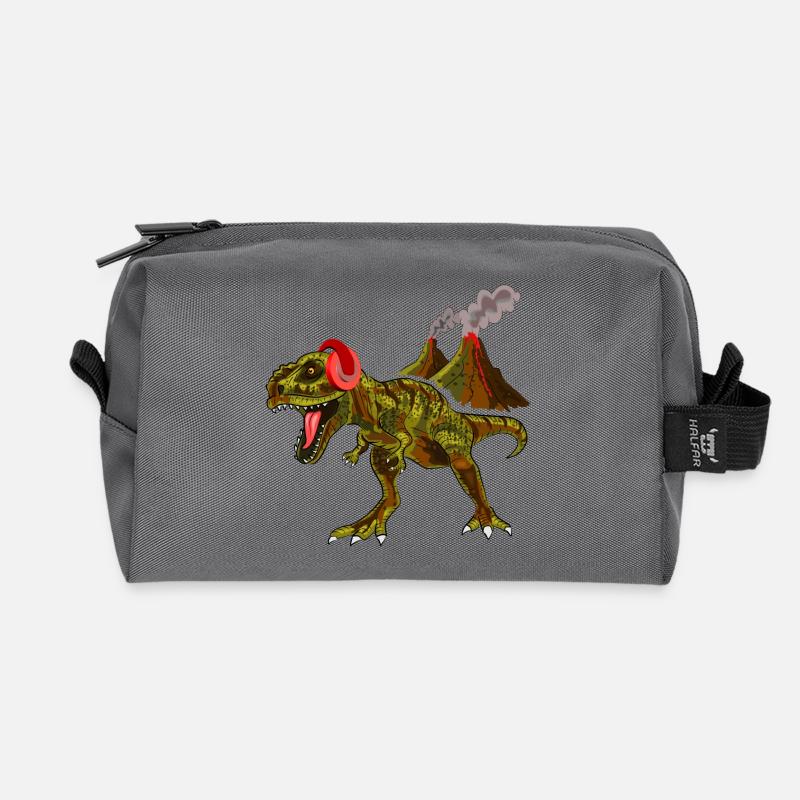 Dinosaurier mit Kopfhörern vor Vulkan - Recycelte Kulturtasche - Anthrazit