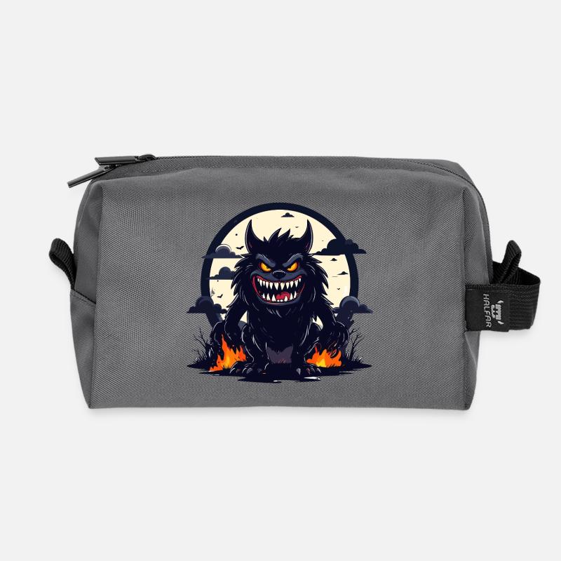Moonlit Night Werewolf Monster with Fire Flames - Recycled Toiletry Zip Bag - anthracite
