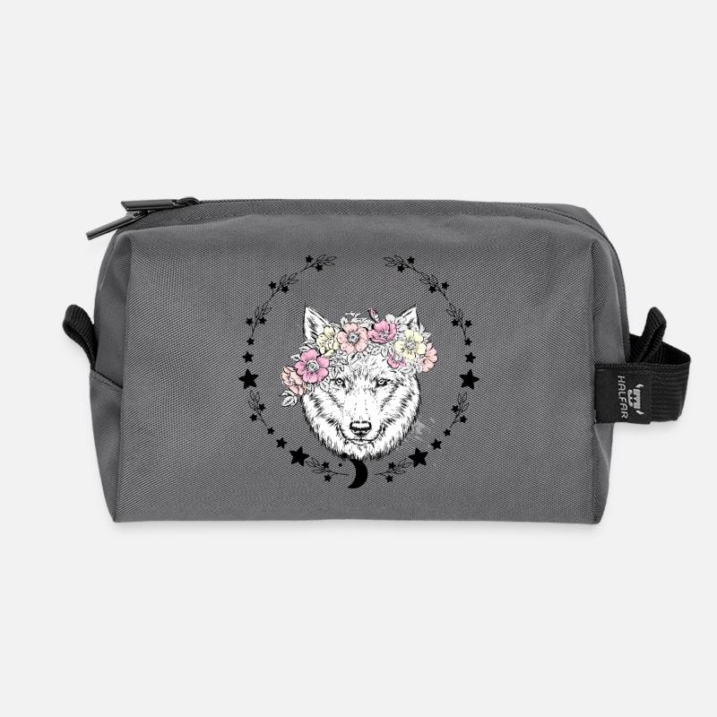 Wolf Flower Crown Drawing - Recycled Toiletry Zip Bag - anthracite