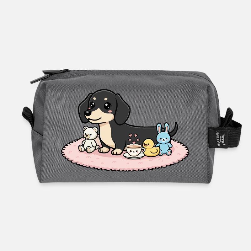 Dackel schwarz mit Kuscheltieren - Recycelte Kulturtasche - Anthrazit