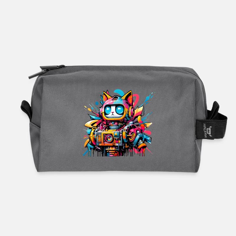 Katze gestaltet als Roboter im Comic Graffiti Stil - Recycelte Kulturtasche - Anthrazit