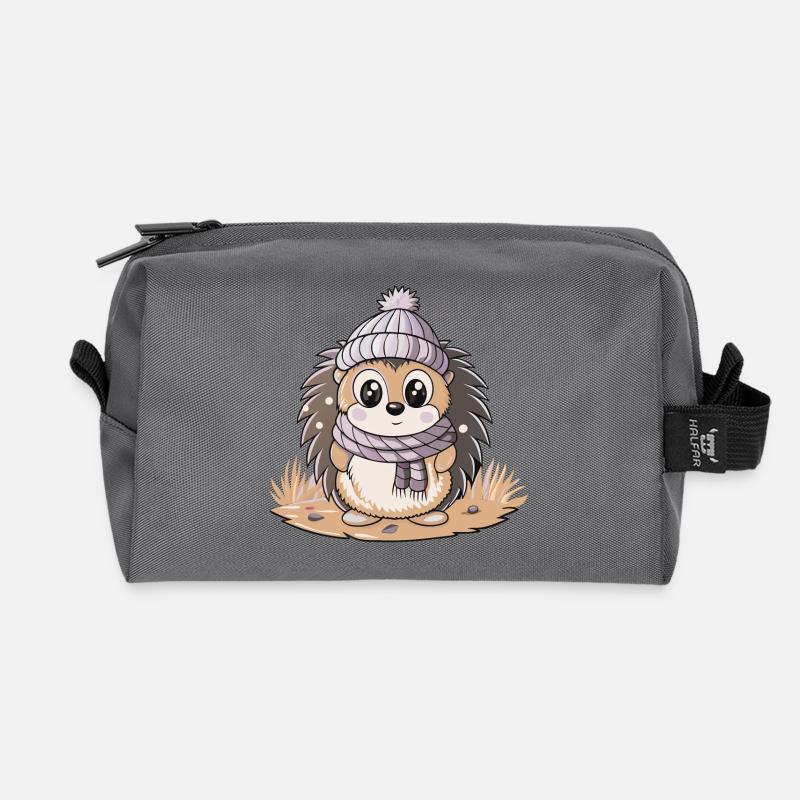 Niedlicher Igel mit Schal und Pudelmütze. - Recycelte Kulturtasche - Anthrazit