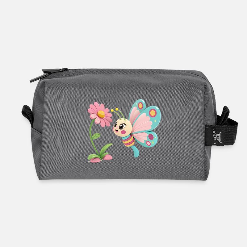 Fröhlicher Schmetterling vor einer Blume - Recycelte Kulturtasche - Anthrazit