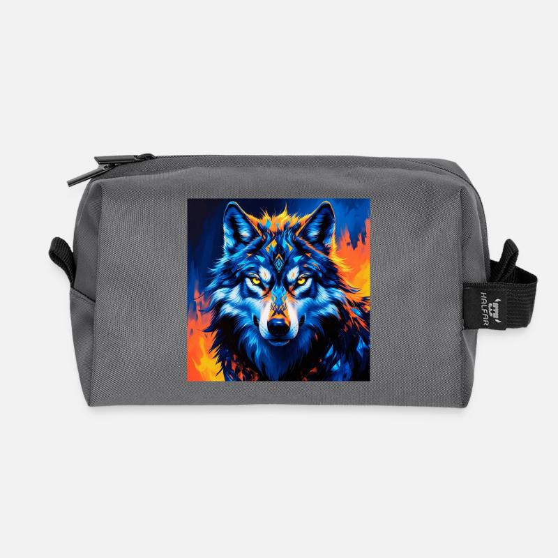 Vivid Geometric Wolf Illustration - Recycled Toiletry Zip Bag - anthracite