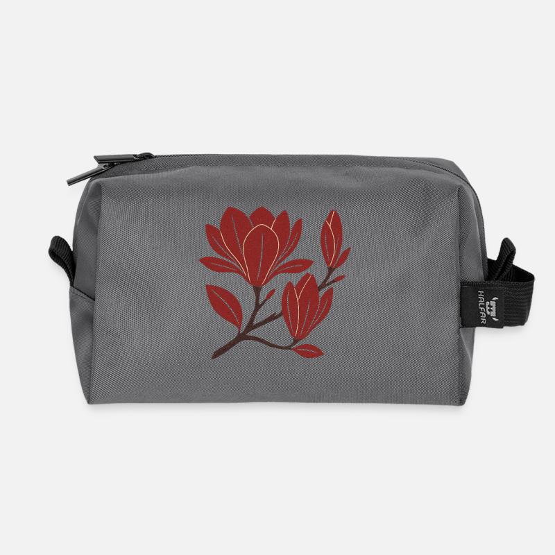 Red Magnolia Branch Pattern - Recycled Toiletry Zip Bag - anthracite