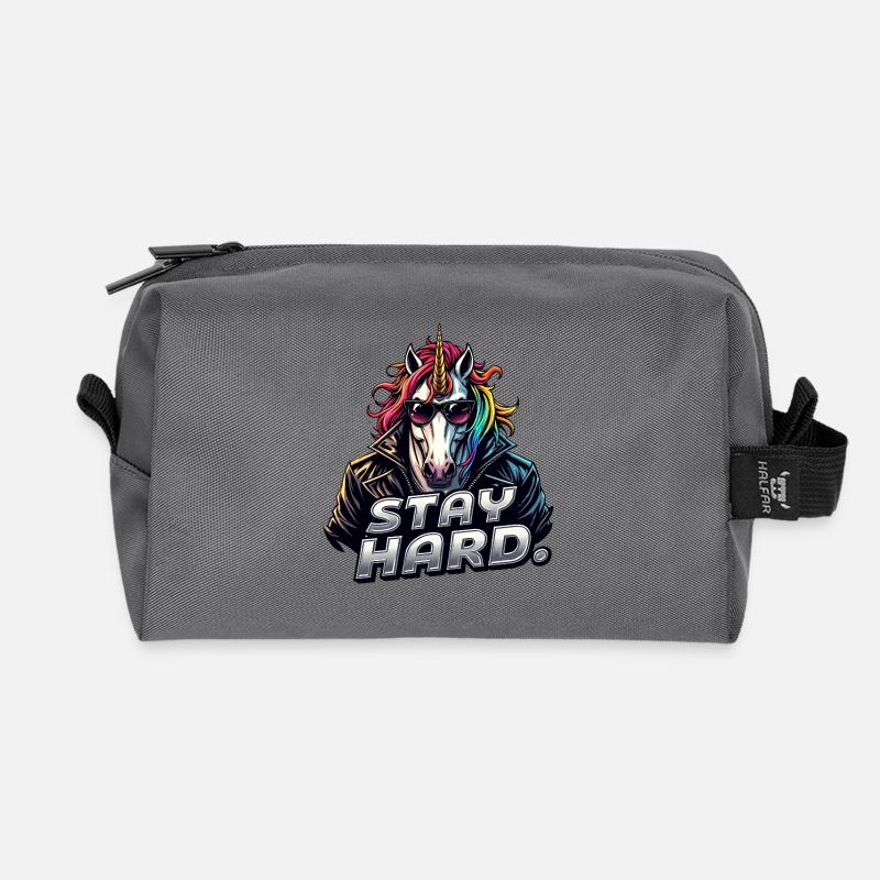Unicorn in Leather Jacket Stay Hard - Recycled Toiletry Zip Bag - anthracite