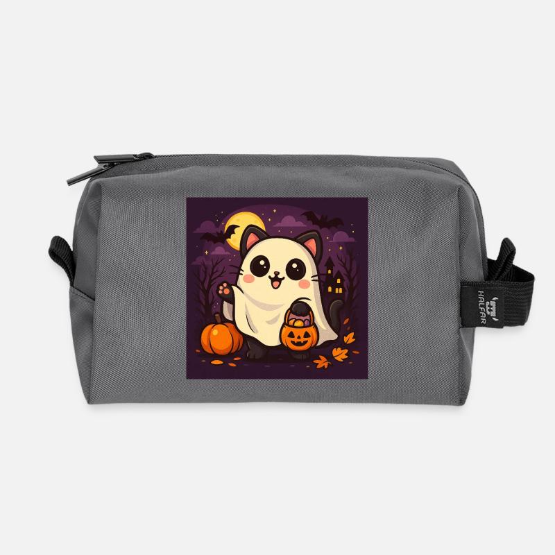 Cuddly Halloween Ghost Cat - Recycled Toiletry Zip Bag - anthracite