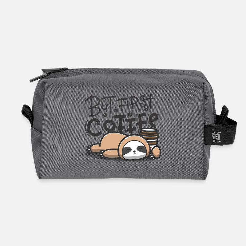 But First Coffee Sleeping Sloth - Recycled Toiletry Zip Bag - anthracite