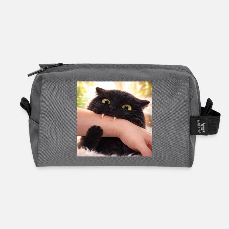 Freche Katze beim Beißen – Lustige „Küsschen mit Z - Recycelte Kulturtasche - Anthrazit
