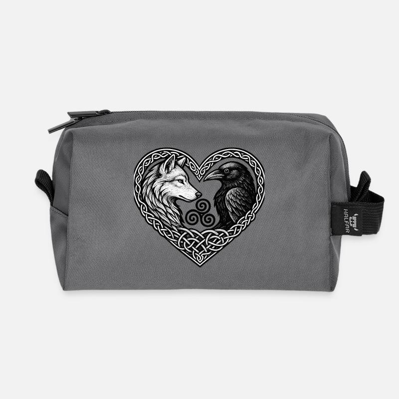 Celtic Heart: Wolf and Crow - Recycled Toiletry Zip Bag - anthracite