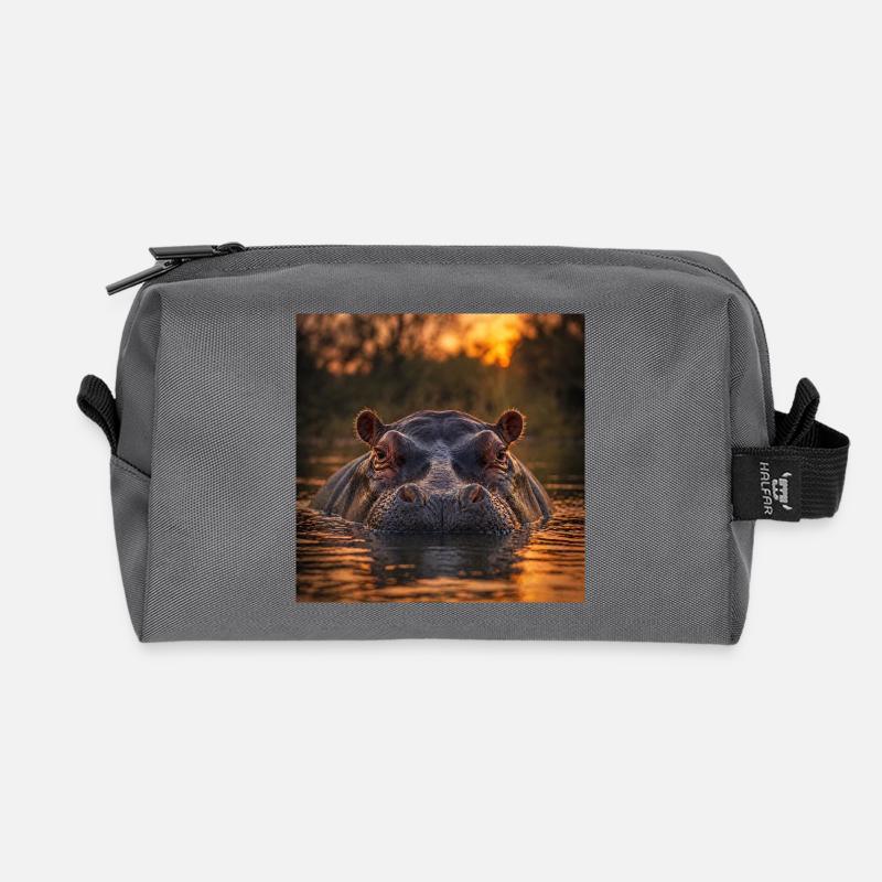 Sonnenuntergang, Nilpferd im Wasser - Recycelte Kulturtasche - Anthrazit