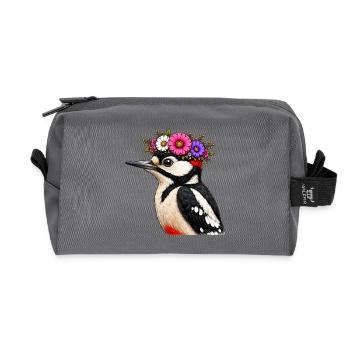 Specht mit Blumenschmuck  - Recycelte Kulturtasche - Anthrazit - Vorne