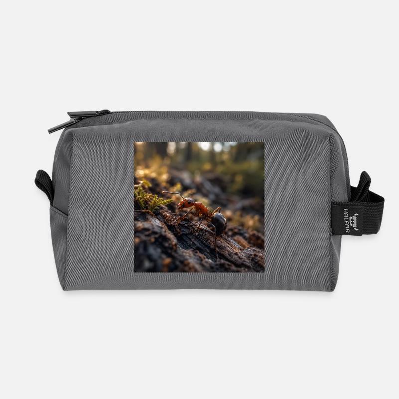 Red ant on Wood Under Moss - Recycled Toiletry Zip Bag - anthracite