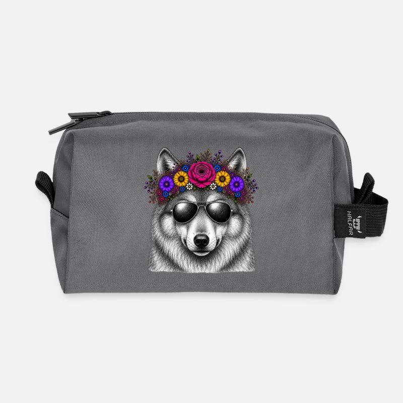 Wolf mit Blütenkranz und Sonnenbrille - Recycelte Kulturtasche - Anthrazit