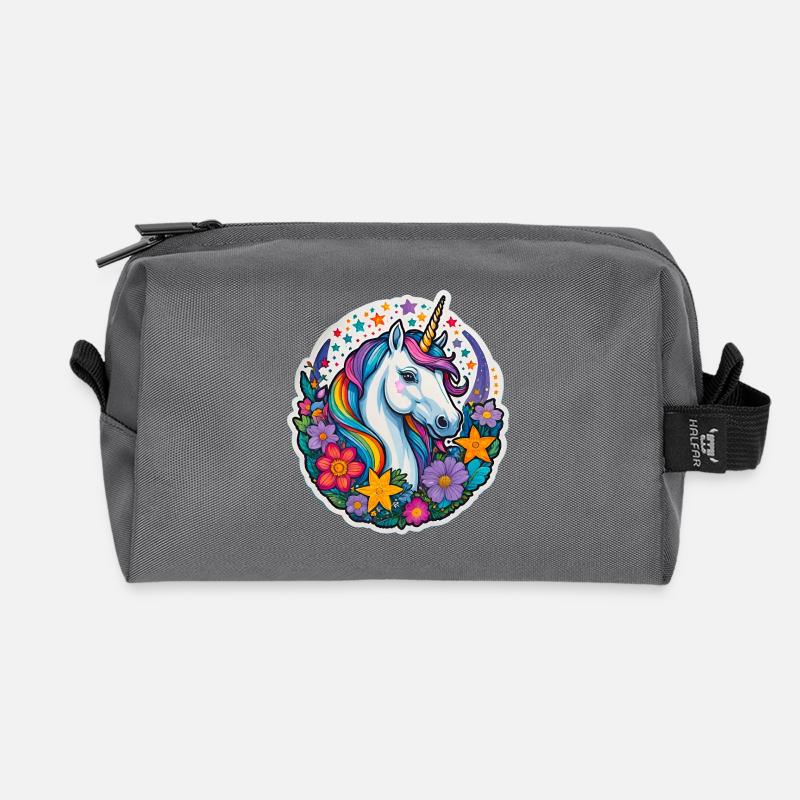 Regebogen Einhorn mit Blumen und Sternen - Recycelte Kulturtasche - Anthrazit