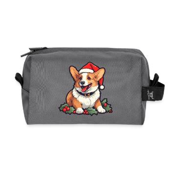 Christmas Happy Corgi in Nikolausmütze mit Stechpalme - Recycelte Kulturtasche - Anthrazit - Vorne