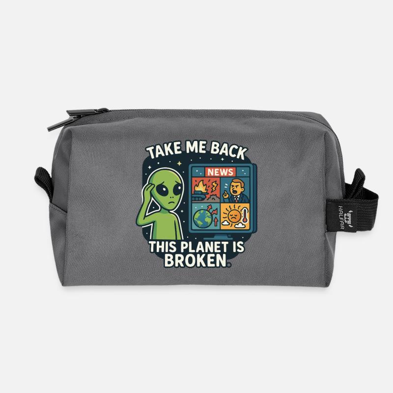 Humorous alien with environmental criticism - Recycled Toiletry Zip Bag - anthracite
