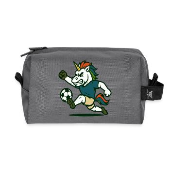 Mascotte de football licorne qui donne des coups de pied avec force - Trousse de toilette en tissu recyclé - anthracite - Devant
